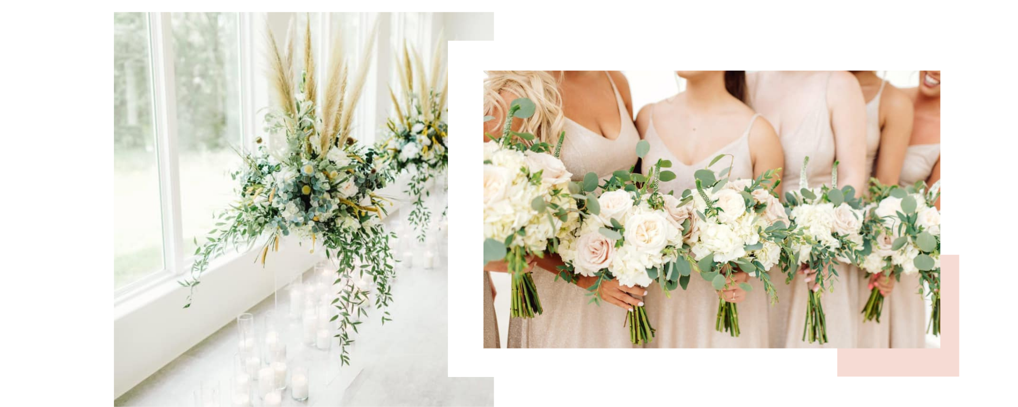 wedding floral centerpieces and a bridal party holding bouquets 