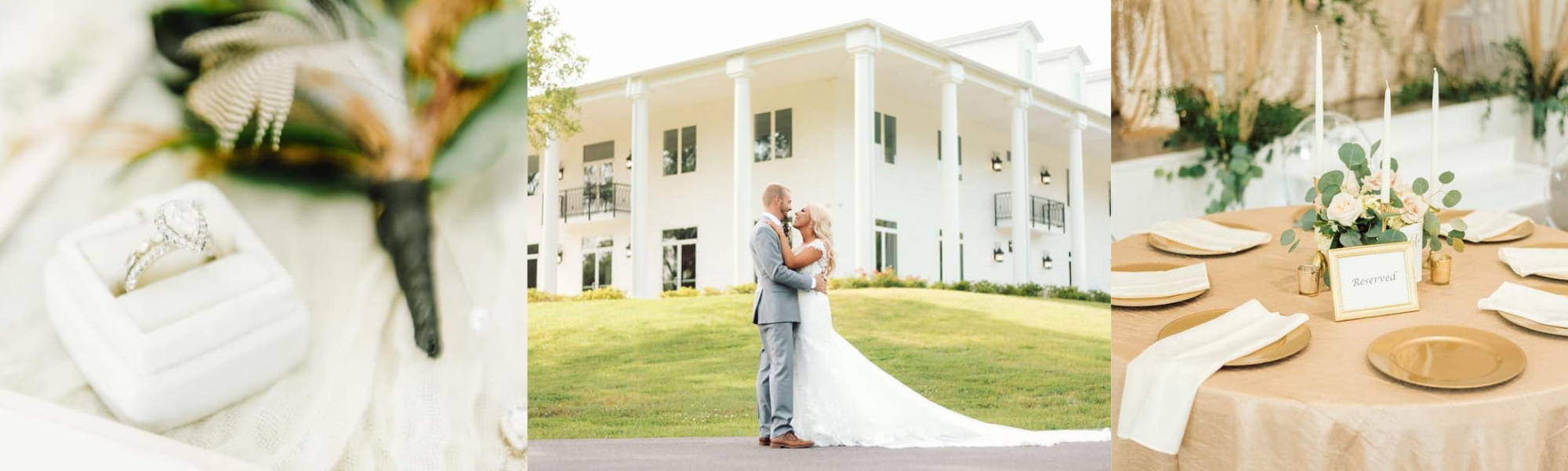 wedding ring, bride and groom embracing and wedding reception table 